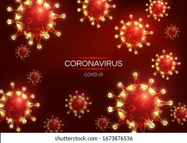 Futuristic Coronavirus 2019-nCoV, Covid-19 web banner template with glowing low polygonal virus cells on red background. Virus pandemic alert. Modern wire frame mesh design vector illustration.