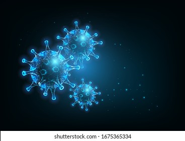 Futuristic Coronavirus 2019-nCoV, Covid-19 web banner template with glowing low polygonal virus cells on dark blue background. Virus pandemic alert. Modern wire frame mesh design vector illustration.