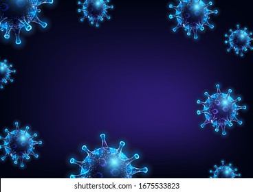 Futuristic Coronavirus 2019-nCoV, Covid-19 web banner template with glowing low polygonal virus cells on dark blue background. Virus pandemic alert. Modern wire frame mesh design vector illustration.