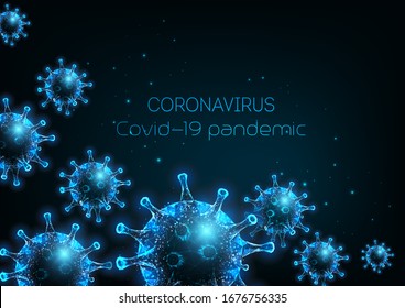 Futuristic Coronavirus 2019-nCoV, Covid-19 web banner template with glowing low polygonal virus cells on dark blue background. Virus pandemic alert. Modern wire frame mesh design vector