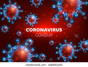 Futuristische Coronavirus 2019-nCoV, Covid-19 Webbanner-Vorlage mit glühenden, polygonalen Viruszellen auf rotem Hintergrund. Virus-Pandemie-Alarm. Moderne Gitterrahmen-Design-Vektorillustration Illustration.