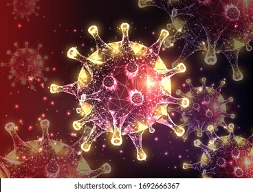 Futuristic Coronavirus 2019-nCoV, Covid-19 web banner template with glowing low polygonal virus cells on red background. Virus pandemic alert. Modern wire frame mesh design vector illustration.