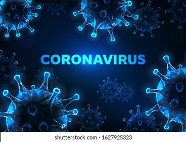 Futuristic Coronavirus Cells Abstract Background With Glowing Low Polygonal Virus Cells And Text On Dark Blue Background. Immunology, Virology, Epidemiology Concept. Vector Illustration. 