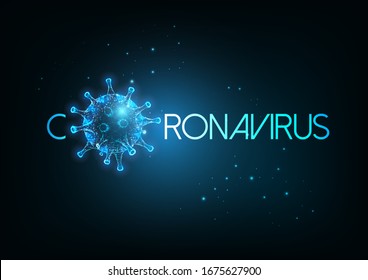 Futuristic Coronavirus, Covid-19 inscription web banner template with glowing low polygonal virus cells on dark blue background. Virus pandemic alert. Modern wireframe mesh design vector illustration.