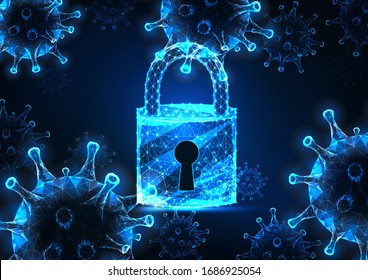 Futuristic coronavirus covid-19 Pandemic lockdown concept with glowing low polygonal virus cells and padlock on dark blue background. Modern wire frame mesh design vector illustration.