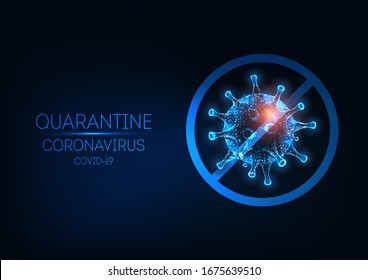 Coronavirus futurista, plantilla de banner web de cuarentena Covid-19 con brillantes células de virus poligonales bajo fondo azul oscuro. Detener el concepto de virus. Ilustración vectorial de diseño de malla de marco moderno.