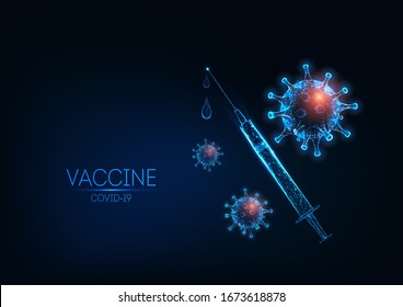 Futuristic coronavirus Covid-19 vaccine concept with glowing low polygonal syringe and virus cells on dark blue background. Modern wire frame mesh design vector illustration.