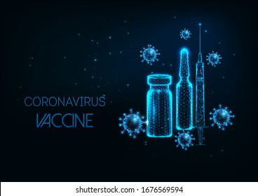 Futuristic Coronavirus Covid-19 vaccine concept with glowing low polygonal ampules, syringe and virus cell on dark blue background.  Modern wire frame mesh design vector.