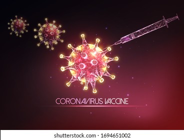 Futuristic coronavirus Covid-19 vaccine concept with glowing low polygonal syringe and virus molecules on dark red background. Modern wire frame mesh design vector illustration.