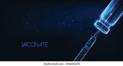 Futuristic coronavirus Covid-19 vaccine concept with glowing low polygonal syringe and ampoule vaccine