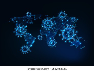 Futuristic coronavirus spread over the world concept with glowing low polygonal virus cells and world map on dark blue background. Modern wire frame mesh design vector illustration.