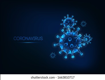 Futuristic Coronavirus web banner template with glowing low polygonal virus cell on dark blue background. Virus protection research. Modern wire frame mesh design vector illustration.