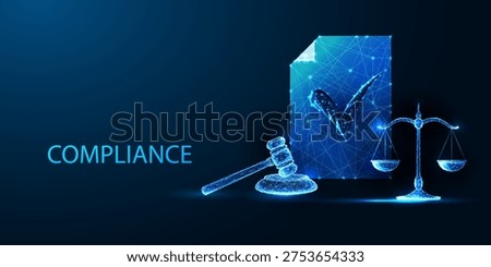 Futuristic corporate compliance concept. Certification scene with glowing checkmark, scale, and document on dark background. Governance, law, ethics, and regulations. Blue neon digital business vector