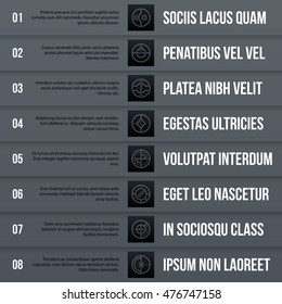 Futuristic corporate menu/list template on gray background. Useful for presentations, advertising or web design.