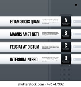 Futuristic corporate menu/list template on gray background. Useful for presentations, advertising or web design.