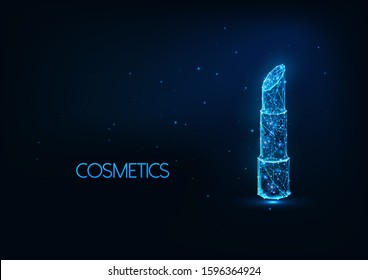 Futuristic cosmetics, make up concept with glowing low polygonal lipstick isolated on dark blue background. Modern wire frame mesh design vector illustration. 