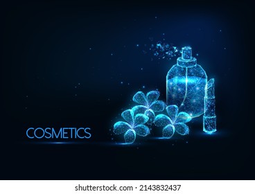 Cosméticos futuristas, maquillaje concepto con frasco de perfume poligonal bajo brillante, lápiz labial y flor