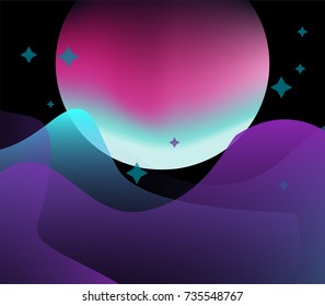 Futuristic cosmic landscape with neon shiny shapes.