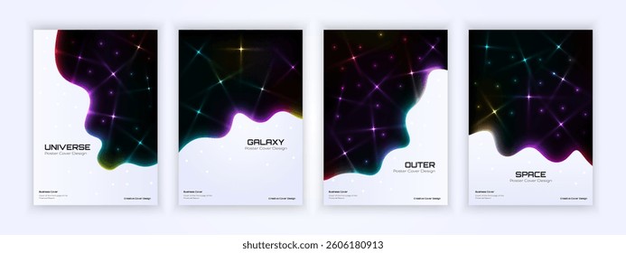 Futuristic cosmic poster designs blending galaxies and stars with a sleek modern aesthetic