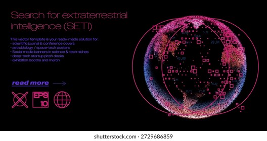 Futuristic cosmic vector illustration showing Earth as a glowing spherical data map dotted with pink and blue numbered coordinates. Conceptual vector illustration for SETI, extraterrestrial intelligence search, astrobiology, and space technology themes.
