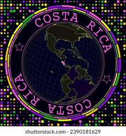 Futuristic Costa Rica on globe. Bright neon satelite view of the world centered to Costa Rica. Geographical illustration with shape of country and geometric background. Attractive vector illustration.