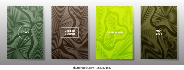 Futuristic cover templates set. Fluid curve shapes geometric lines patterns. Modern backgrounds for catalogues, business magazine. Line stripes graphics, title elements. Cover page templates.