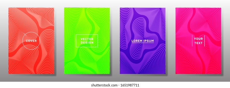 Futuristic cover templates set. Fluid curve shapes geometric lines patterns. Modern poster, flyer, banner vector backgrounds. Line shapes patterns, header elements. Cover page templates.