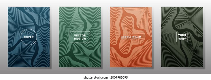 Modalidades de portada futuristas. La curva de fluidos da forma a los patrones de líneas geométricas. Fondos lineales para notas, portadas de papel de aviso. Gráficos de franjas de línea, elementos de título. El informe anual abarca las cuestiones.