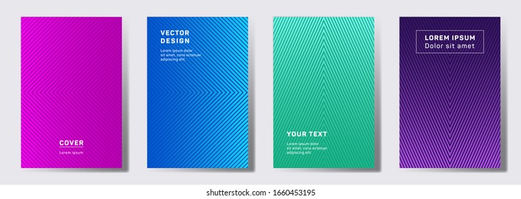 Futuristic cover templates set. Geometric lines patterns with edges, angles. Cool backgrounds for notepads, notice paper covers. Lines texture, header title elements. Cover page templates.