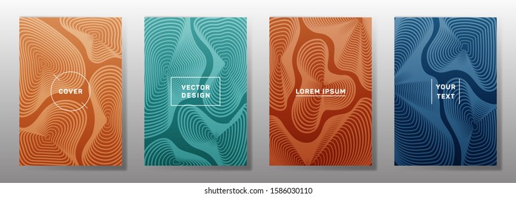 Futuristic covers linear design. Fluid curve shapes geometric lines patterns. Cool backgrounds for notepads, notice paper covers. Line shapes patterns, header elements. Cover page layouts set.