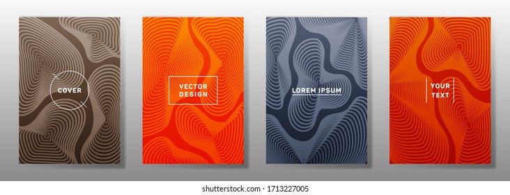 Tapas futuristas de diseño lineal. La curva fluida da forma a los patrones de líneas geométricas. Antecedentes geométricos de los cuadernos, portadas de papel de aviso. Textura de líneas, elementos de título de encabezado. El informe anual abarca el tema.