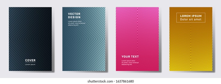 Futuristic covers linear design. Geometric lines patterns with edges, angles. Abstract backgrounds for notepads, notice paper covers. Line stripes graphics, title elements. Cover page templates.