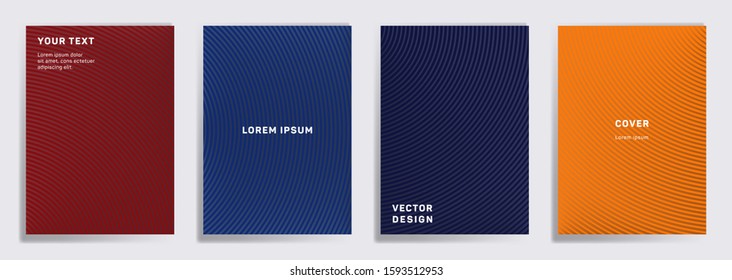 Futuristic covers linear design. Radial semicircle geometric lines patterns. Modern backgrounds for notepads, notice paper covers. Lines texture, header title elements. Cover page layouts set.