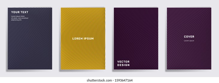 Futuristic covers linear design. Radial semicircle geometric lines patterns. Abstract backgrounds for notepads, notice paper covers. Line shapes patterns, header elements. Cover page templates.