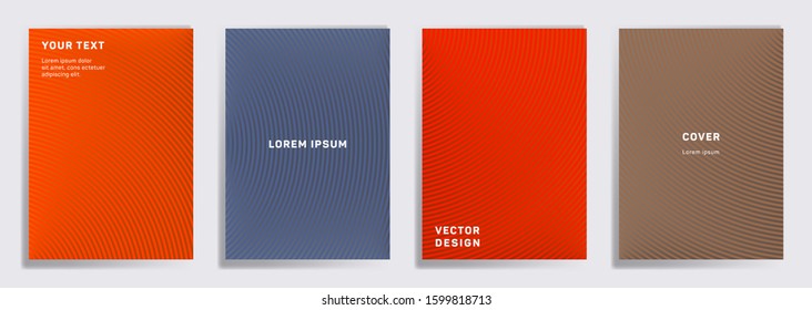 Futuristic covers linear design. Radial semicircle geometric lines patterns. Gradient poster, flyer, banner vector backgrounds. Line stripes graphics, title elements. Cover page layouts set.