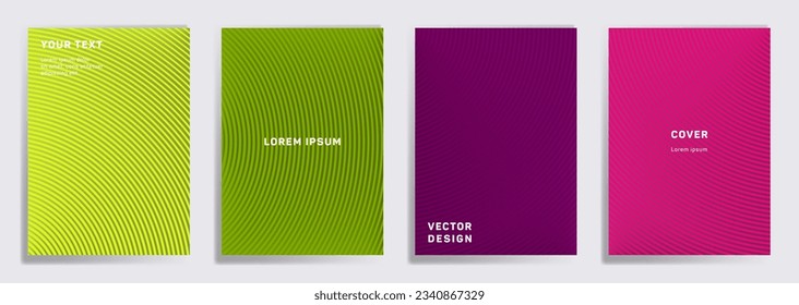 Futuristic covers linear design. Radial semicircle geometric lines patterns. Modern backgrounds for catalogues, business magazine. Line stripes graphics, title elements. Annual report covers.