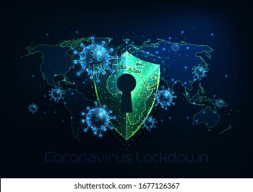 Futuristic covid-19 coronavirus global lockdown, quarantine concept with glowing low polygonal virus cells, world map and protective shield on dark blue background. Modern wireframe mesh design vector