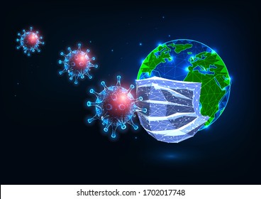 Futuristic covid-19 coronavirus Pandemic global concept with glowing low polygonal medical mask protects planet from viruses on dark blue background. Modern wireframe mesh design vector illustration