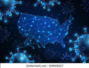 Futuristic covid-19 coronavirus Pandemic in the United states of America concept with glowing low polygonal USA map and virus molecules on dark blue background.