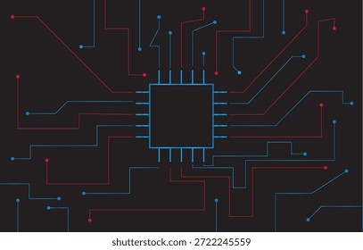 Icono futurista del microchip de la CPU en el fondo oscuro del Tablero del circuito con las líneas de conexión azules y rojas digitales. eps