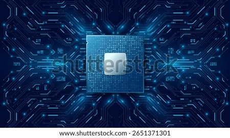 Futuristic CPU microchip with illuminated circuit board on dark blue background. Glowing hi-tech motherboard design with data connections, processor and electronic elements. Vector illustration.