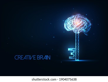 Futuristic creative brain, innovatiove idea concept with glowing low polygonal brain with a key on dark blue background. Modern wireframe mesh design vector illustration.