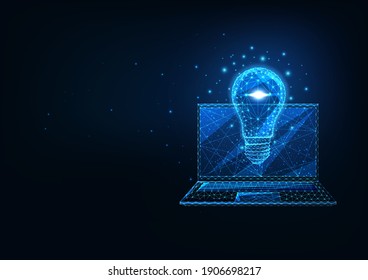 Futuristic creative business idea concept with glowing low polygonal laptop and light bulb on dark blue background. Modern wireframe mesh design vector illustration.