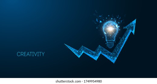 Futuristic creative idea, business strategy, success concept with glowing low polygonal light bulb and arrow chart isolated on dark blue background. Modern wire frame mesh design vector illustration. 