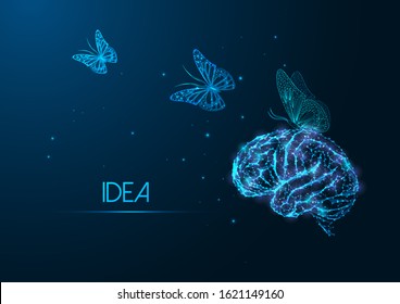 Futuristic creative idea concept with glowing low polygonal human brain and flying butterflies on dark blue background. Modern wire frame mesh design vector illustration.