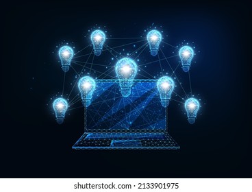 Futuristic creative work ideas concept with glowing network of connected lightbulbs and laptop