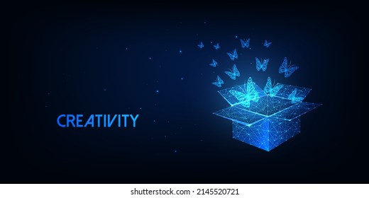 Futuristic creativity, inspiration, reveal potential concept with glowing open box and butterflies