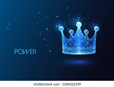 Futuristic Crown symbol in glowing low polygonal style on dark blue background.