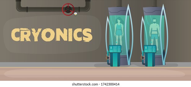 Futuristic cryogenic banner with capsules or containers. Cryon technology for humans or the cryogenic chamber of an astronaut. Sci-fi astronaut sleep mode. Cartoon style Vector.