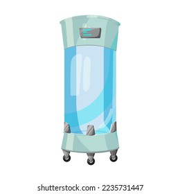 Futuristic cryogenic glazed vertical cabin with transparent glass vector illustration. Cryo capsule for frozen spacemen, medical equipment with cryogenic on white background